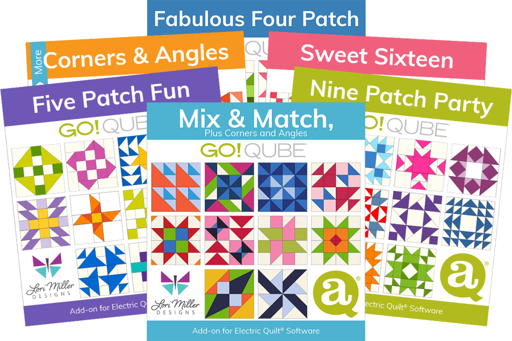 A collection of colorful quilting design covers featuring patterns like Fabulous Four Patch, Corners & Angles, Five Patch Fun, Mix & Match, Sweet Sixteen, and Nine Patch Party, designed for Electric Quilt Software.