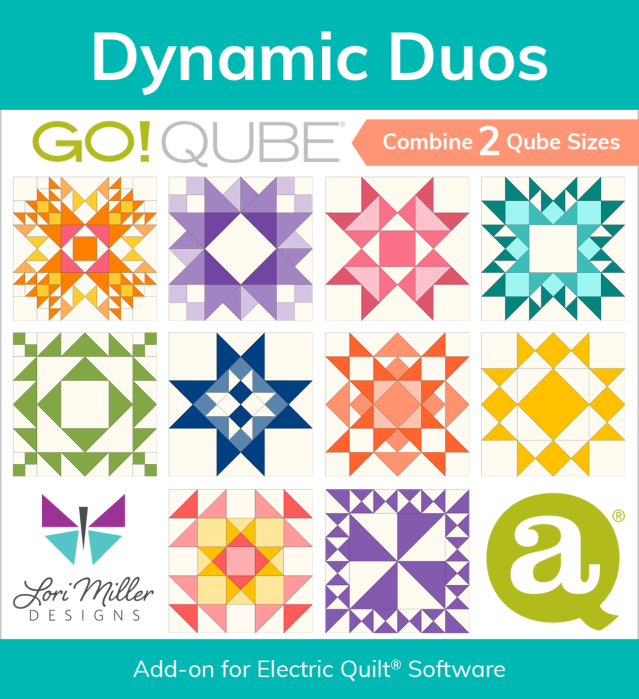 Colorful quilt block designs featuring various geometric patterns, labeled 'Dynamic Duos' with the text 'GO! QUBE Combine 2 Qube Sizes'.