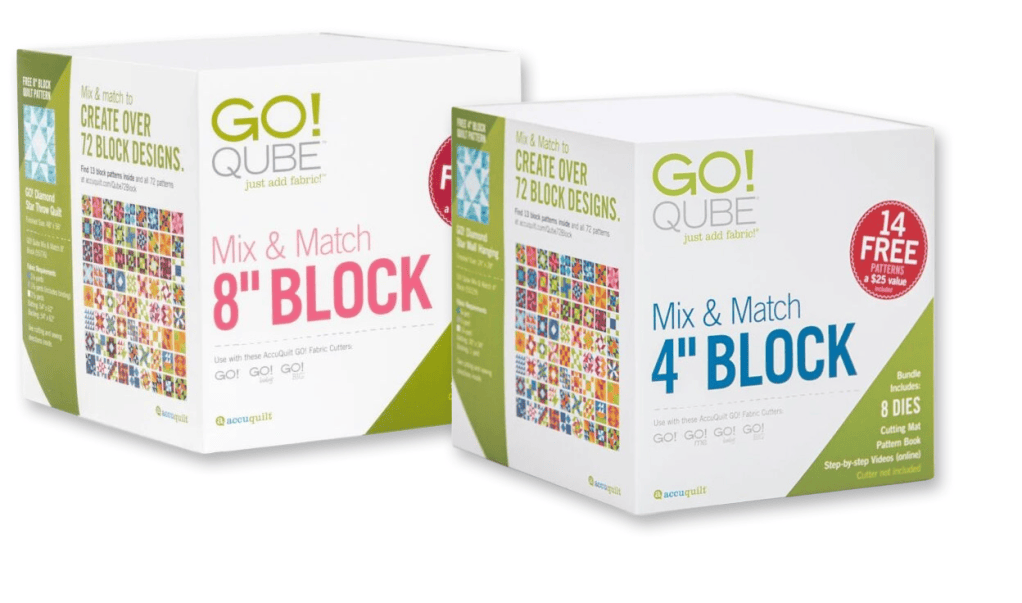 Two GO! QUBE Mix & Match fabric cutting block sets, featuring 8" and 4" blocks, showcasing the ability to create over 72 block designs. Each box highlights included dies, patterns, and additional resources.