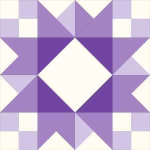 A geometric patchwork design featuring various shades of purple, arranged in a star-like pattern with a central white square.